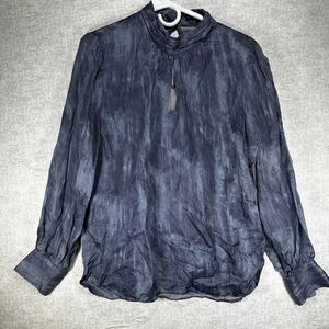 White House Black Market High Neck Dressy Work Blouse Blue Long Sleeve Size 8